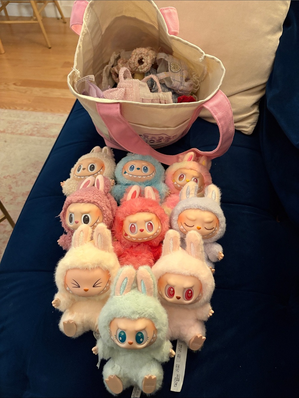 Nine perfect condition Labubus with a full bag of “designer” outfits for them